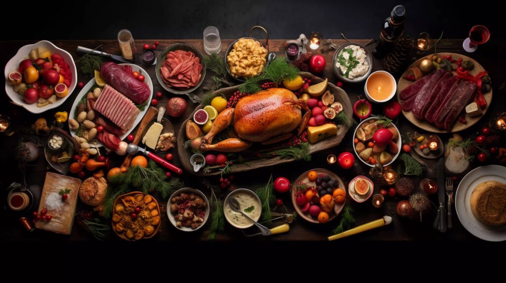 Overhead view of an elaborate feast with roasted poultry, cured meats, fresh fruits, vegetables, breads, and various prepared dishes arranged on a dark table