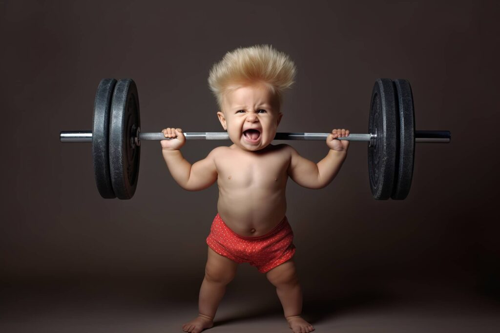 Toddler with blonde spiky hair lifting a barbell with weight plates on brown background